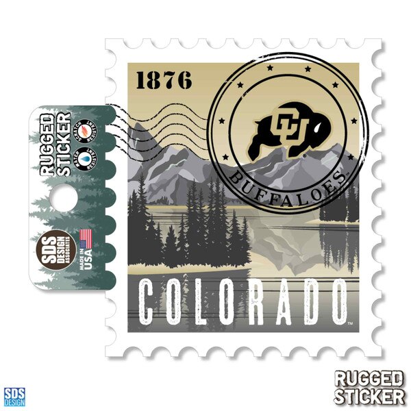 Colorado rugged sticker shaped like a postage stamp featuring mountains, trees, the CU Buffaloes logo, and "1876" with "Buffaloes" in a circular mark.